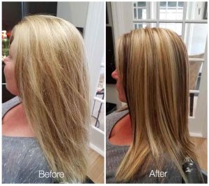 woman with long hair blond before and after